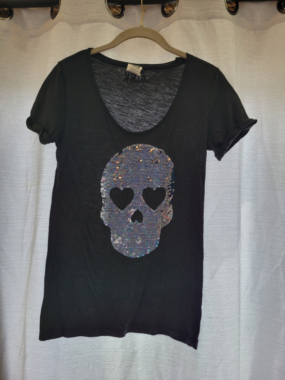 Victoria's Secret PINK  Black Casual Tee With Sequine Skull